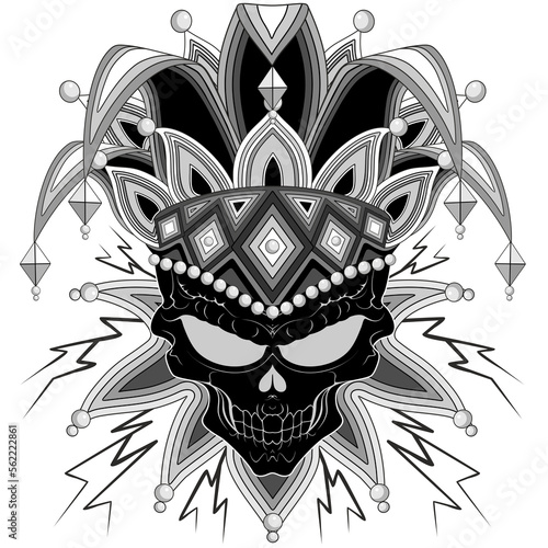 Joker Skull sneering Mask Evil Creepy Carnival Mardi Gras Mask Black and White Character on transparent Background