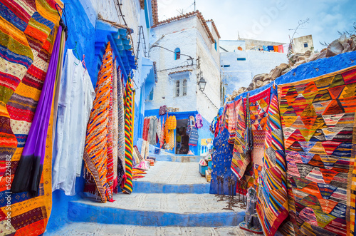 Street market in blue medina of city Chefchaouen, Morocco, Africa.