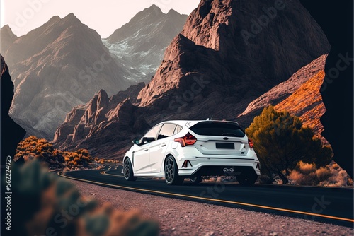  a white car driving down a mountain road next to a mountain range with a mountain range in the background and a yellow line on the road leading uphill side of the road. Generative AI
