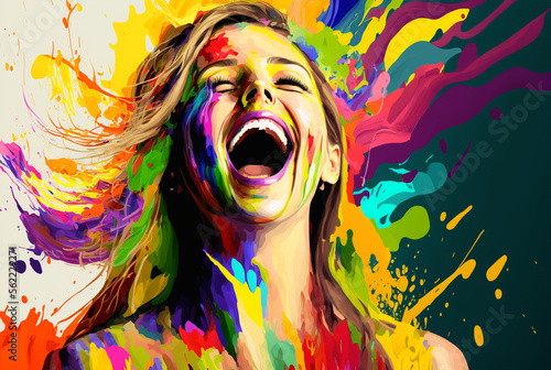 extremely happy young woman, colorful spectacle of emotions with laughing face of attractive female. Generative AI