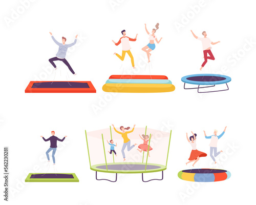 Happy adult people and children jumping on trampolines set. Energetic people bouncing and having fun flat vector illustration