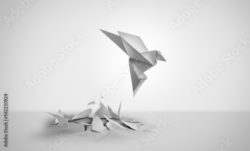 Out Of Nowhere concept of birth or rebirth as an origami bird emerging from a flat paper as a symbol of creativity and metamorphosis as a business success and an icon of change