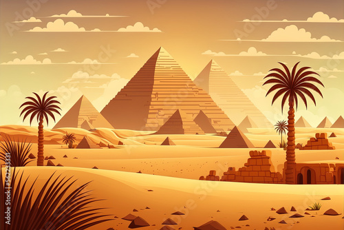 Egyptian pyramids in a 2D desert scene with parallax effects. View of ancient Egyptian architecture superimposed over a cartoon landscape of the sahara's golden sand dunes Generative AI