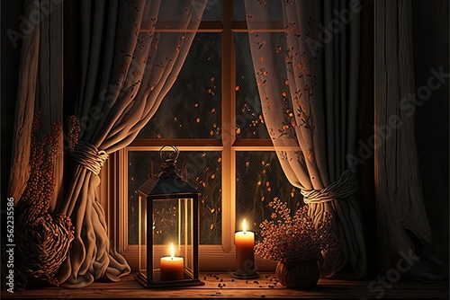  a window with a candle and a lantern on it in front of a curtained window sill with a curtained window behind it and a curtain with a curtained window with a curtain. Generative AI