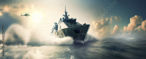 military special forces naval vessel destroyer sailing fast in the middle of the ocean with a chopper in the background, wide poster design with copy space area