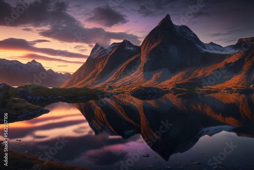Norway's Lofoten Islands before dawn, with mountains in the background Generative AI