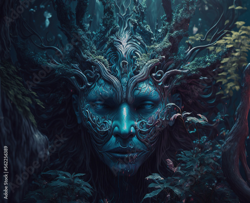 alien, dark fantasy, blue water, magic, scenery, druid, goblin, art illustration