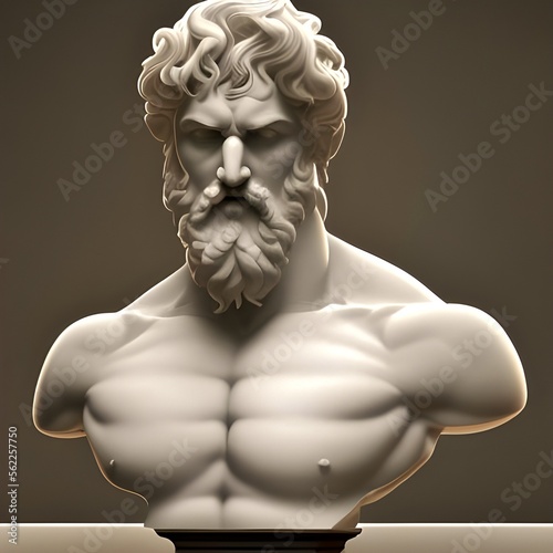 AI image featuring a white marble statue bust of a handsome young man, demigod hero Hercules. According to Greek mythology, despite not being a God, Hercules was welcomed into Mount Olympus