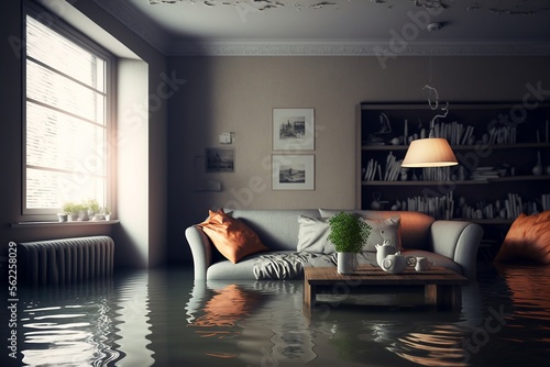 appartement moderne inondé avec de l'eau partout après de fortes pluie - illustration généré par IA