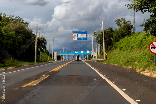 Sao Paulo, January 10, 2023. Toll plaza on the SP-293 highway, managed by the EIXO-SP concessionaire, with an emphasis on automatic toll collection. made through tags installed in the vehicles
