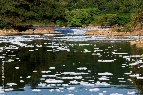 Foam of pollution on the Tiete River. Countryside of Sao Paulo state, Brazil