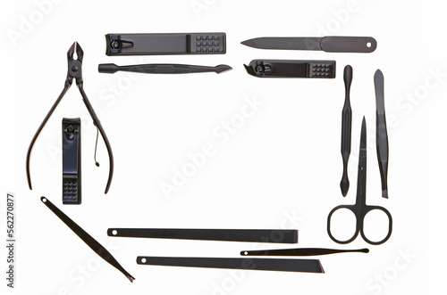  manicure Frame . Manicure accessories black color set isolated on white background.Manicure and pedicure equipment.Spa and beauty concept 