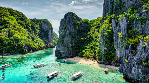 Aerial of Cliff Landscape and Turquoise Crystal Clear Water In El Nido, Palawan, Philippines. Beautiful Vacation Travel Destination