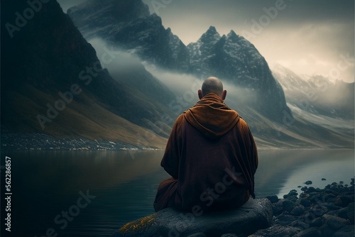 A tibetan buddhist monk from back sitting on the stone close to the water in the background of cloudy mountains