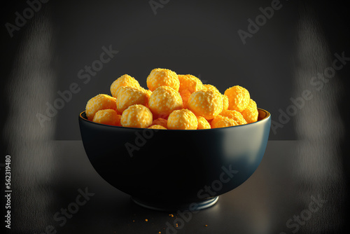 View of a bowl full of delicious, cheesy corn puffs in closeup on a black table. Generative AI