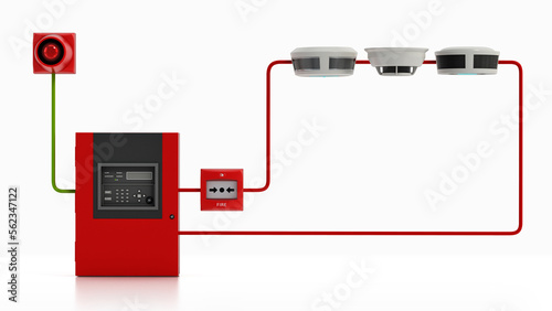 Fire detection alarm system diagram. 3D illustration