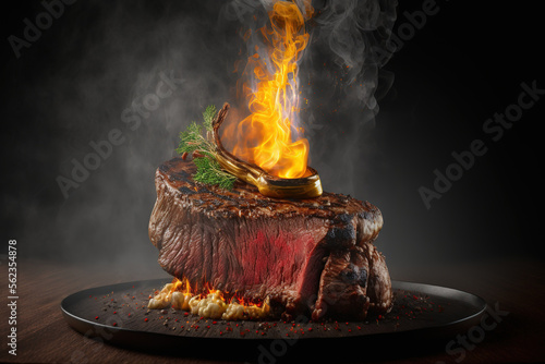 Grilled beef steak with smoke and flames. Generative AI