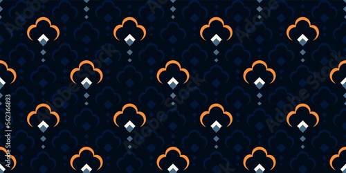 Abstract floral pattern classic blue background small orange flowers motif seamless Japan style elegant geometric ornament. Modern fabric design textile swatch ladies dress allover print block.