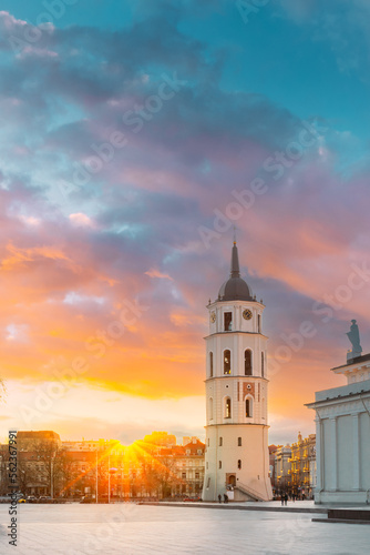 Vilnius, Lithuania During Sunset On Cathedral Square View Of Bell Tower And Cathedral Basilica Of St. Stanislaus And St. Vladislav.