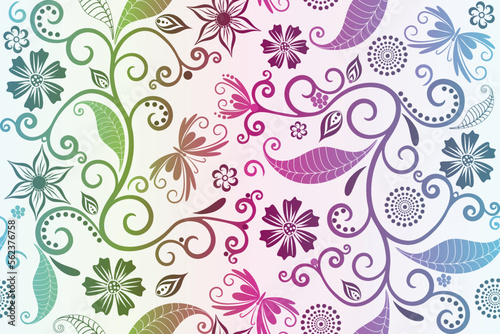 Vector colorful seamless gradient pattern with vintage flowers and butterflies