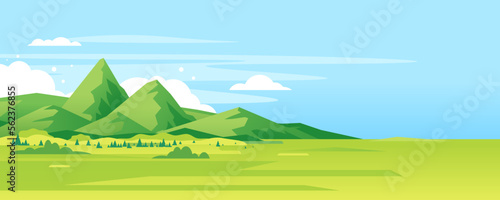 High green mountain in sunny day with spruce forest and blue sky in simple geometric form, nature tourism landscape background, travel mountains adventure illustration