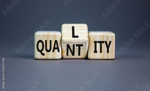 Quality and quantity symbol. Concept word Quality Quantity on wooden cubes. Beautiful grey table grey background. Business and quality and quantity concept. Copy space.