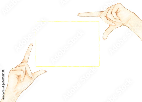 ポップなイエローの四角いフレームを囲う手のイラスト