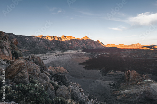 Rocky volcanic landscape during sunrise in Teide National Park, Tenerife.