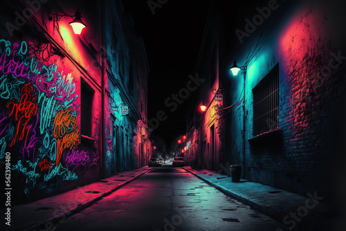 Street by night with colorful graffiti on the wall