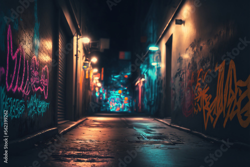 Abandoned street by night with colorful graffiti on the wall, Generative Ai
