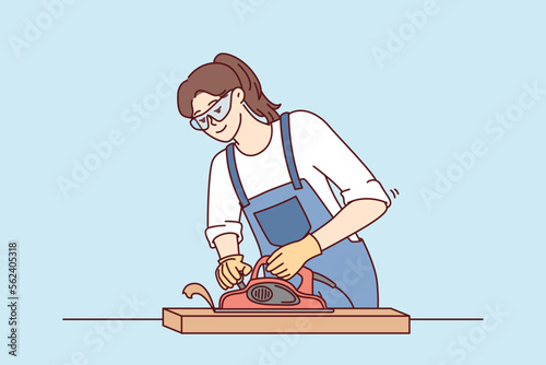 Woman furniture maker uses jointer to process wooden planks needed to create furniture. Carpenter girl in work uniform and goggles makes cabinet for house with own hands. Flat vector illustration 