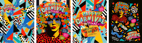 Carnival and festival. Vector illustrations of a masquerade man, abstract shapes and lines for a party poster, festive pattern or background