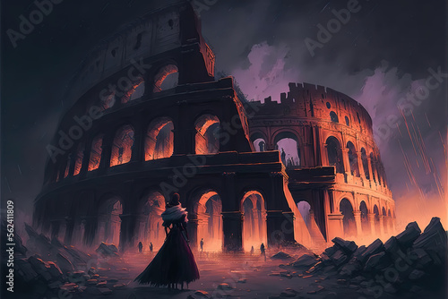 a beautiful impressive sad themed illustration of a destroyed coliseum, person watching the destruction, generative ai technology
