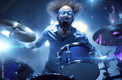 Crazy expressive male drummer plays music using drums. Generative AI