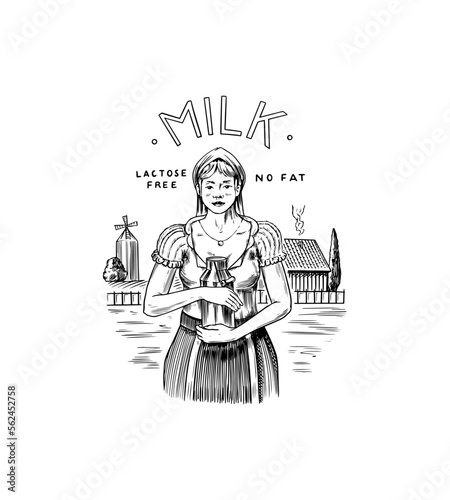 Village woman milkmaid with a can of milk on the background of a farm with a mill. Vintage logo or label for shop. Badge for t-shirts. Hand Drawn engrave sketch.