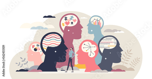 Personality differences and individual thinking styles tiny person concept, transparent background. Mental mindset variation in social community with different emotions.
