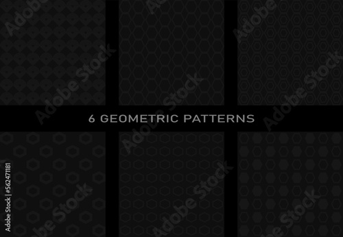 A set of 6 geometric seamless patterns made in the same style. Dark background, dark gray lines, geometric shapes and minimalism.