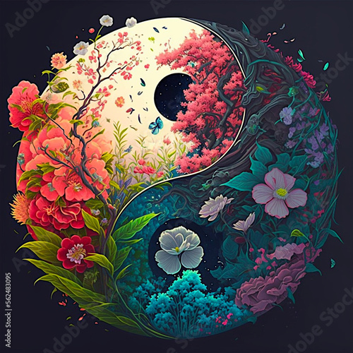 Yin yang design with beautiful flowers. Perfect harmony. Ai llustration, fantasy digital painting , artificial intelligence artwork 