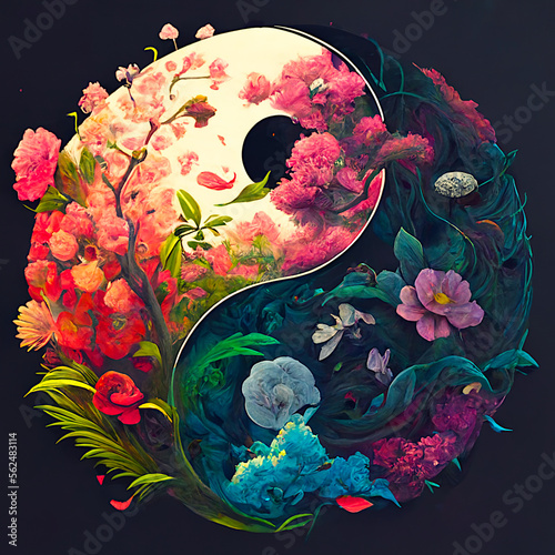 Yin yang design with beautiful flowers. Perfect harmony. Ai illustration, fantasy digital painting , artificial intelligence artwork 