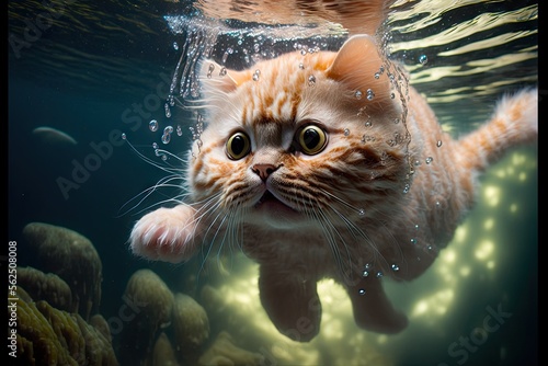 Munchkin cat underwater. Generative AI