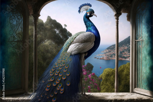 closeup of a blue peacock in the mountains. GENERATIVE AI