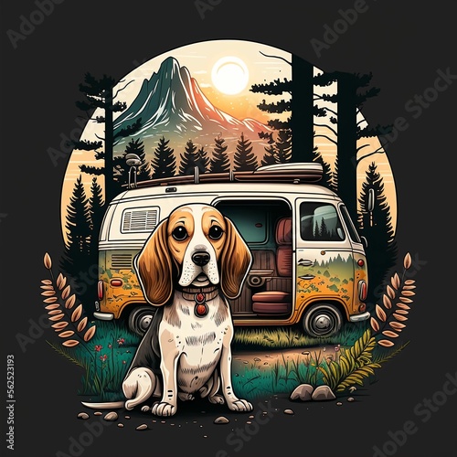 Traveling illustration of a beagle in front of a camper, made with Generative AI