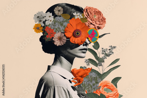 Portrait of a woman with lots of flowers. Abstract trendy art paper collage design. Generative ai