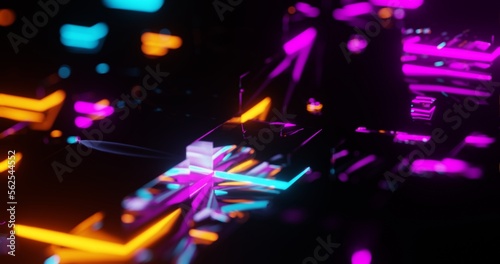 Abstraction with reflections and bokeh in mirror cubes, RGB backlight concept in modern gaming computers, electric arc, 3d rendering