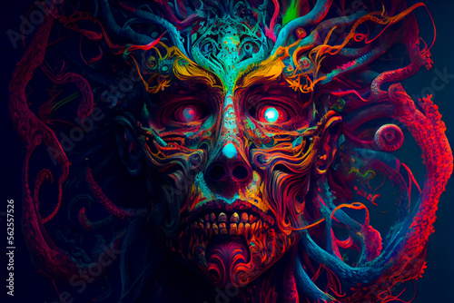 Horror Poster. Mystical head. psychedelic monster. Generative AI.
