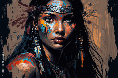 A beautiful native american Indian woman art painting, digital art, unique, beautiful woman in the desert, headdress,generative ai