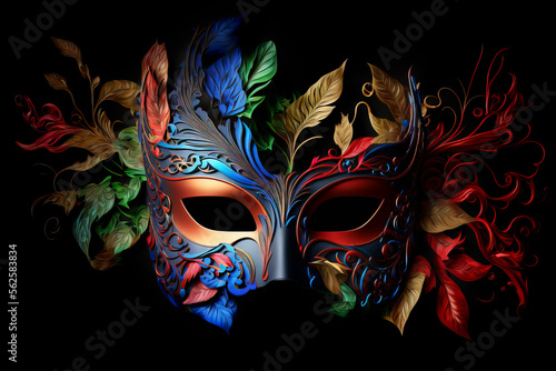  Cosplay, Venetian mask. colorful, Rainbow Metal bronze masquerade party mask on a dark background. Mardi Gras Mask. AI generative
