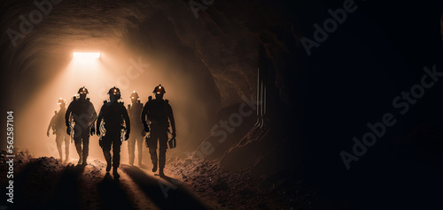 Banner mining working. Silhouette of Miners with headlamps entering underground coal mine. Generation AI