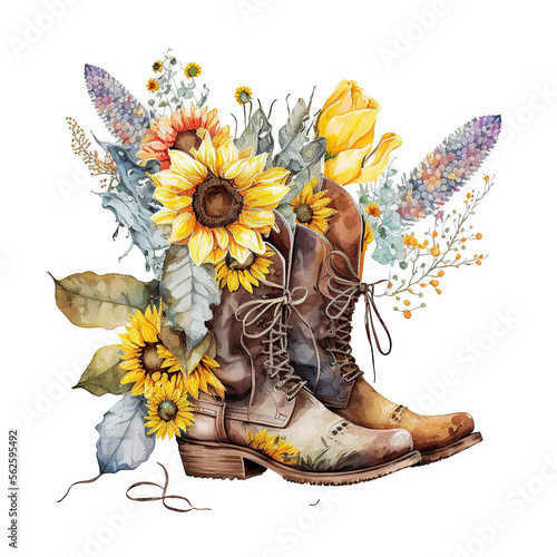 Cow Girls Boots Spring Watercolor with Beautiful Colorful Sunlowers - Generated AI