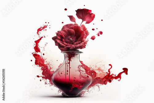 Love chemistry concept as a red flower, liquid and smoke splashing out of a bottle. Generative AI.